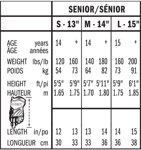 Bauer Hockey Gloves Size Chart