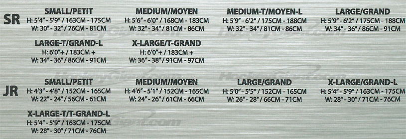 Junior Hockey Pants Sizing Chart